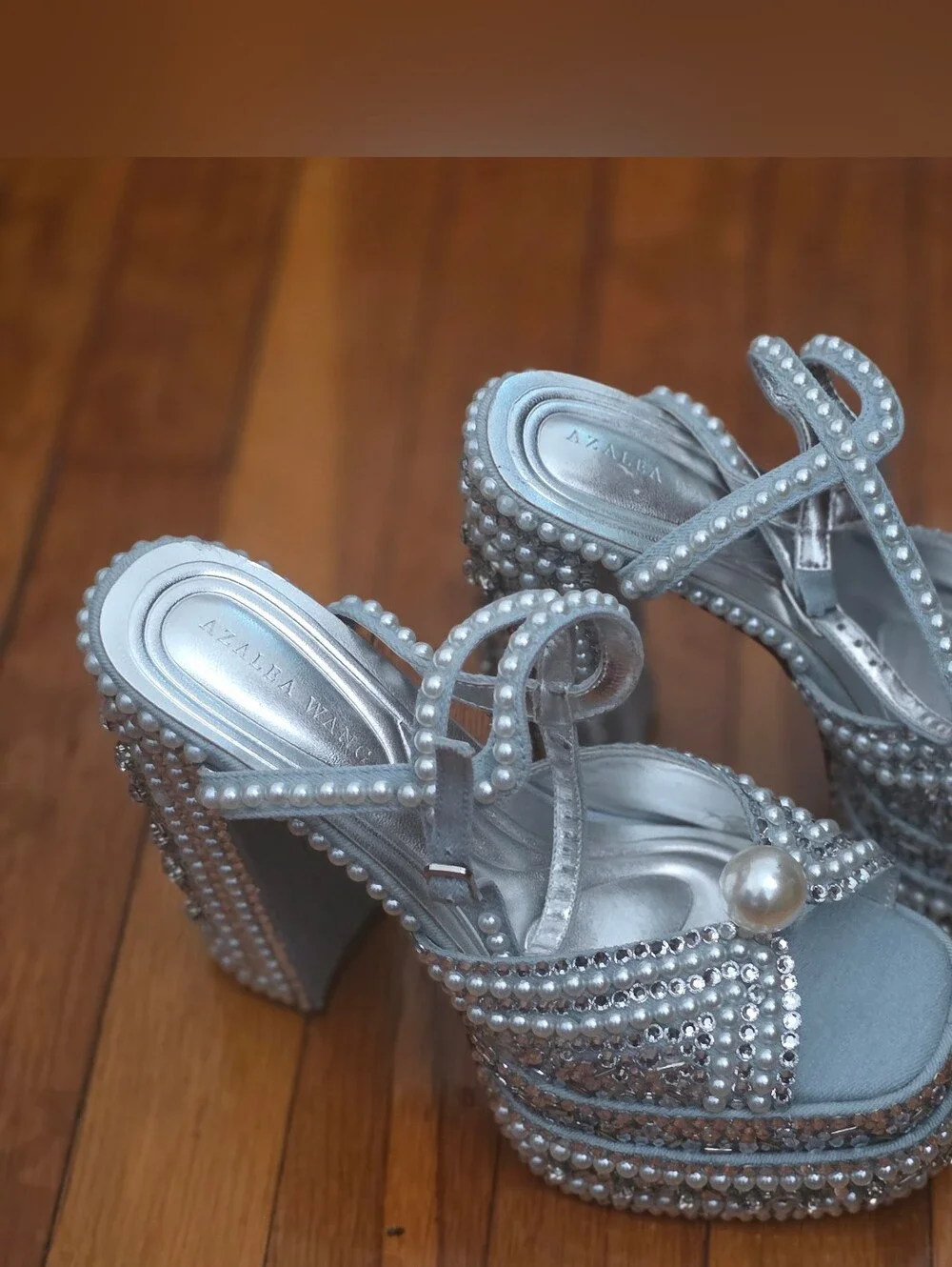 Pearl & Crystal Embellished Powder Blue Platform Heels